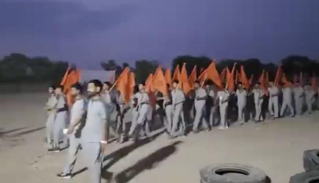 Bajrang Dal member organized a military march holding guns, swords, canes and saffron flags in Beawar