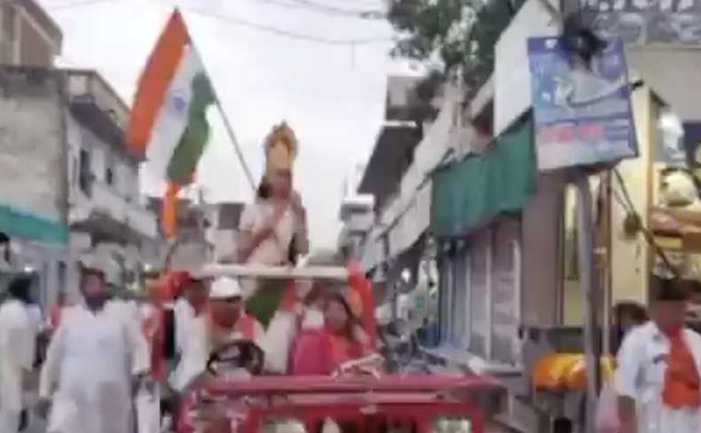 Durga Vahini member organize street march holding canes and swords in Sikar