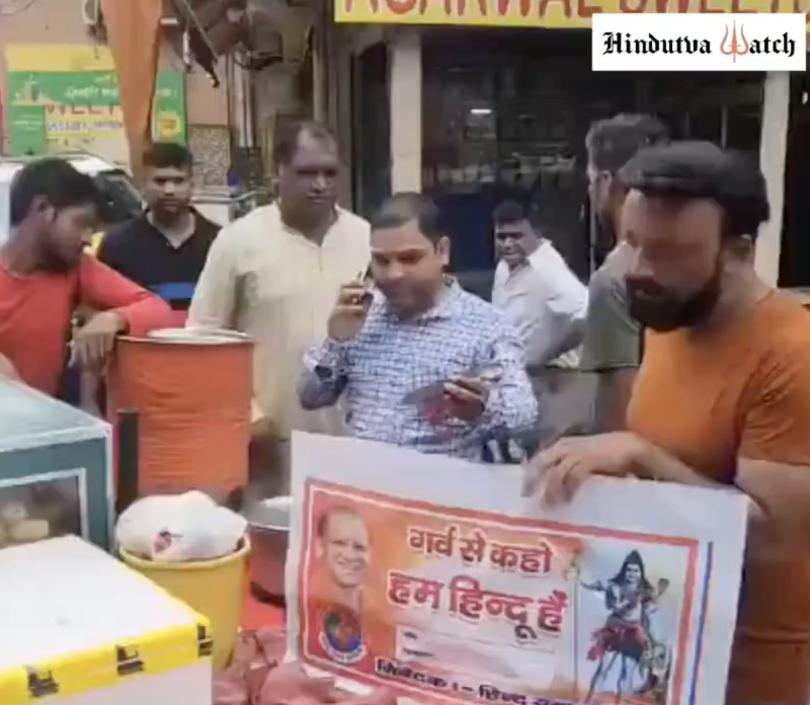 Hindu Yuva Vahini members put “We are Hindu” display boards infront of eateries owned by Hindus.