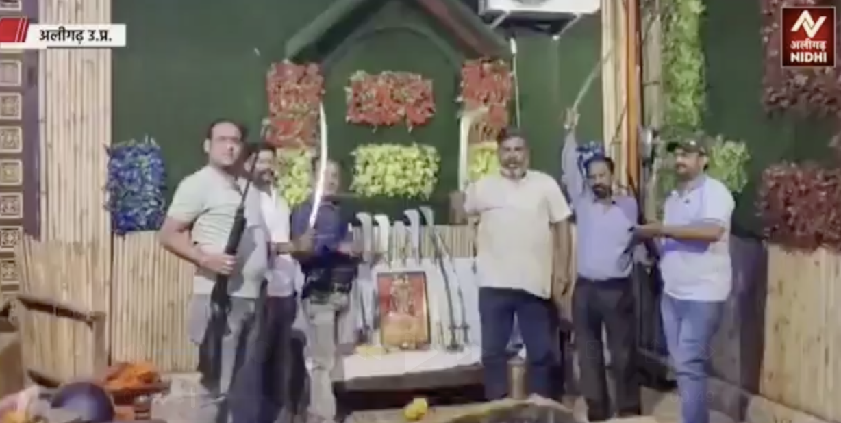 Hindu Mahasabha’s Shastra Pooja features rifle firing by participants, including children.