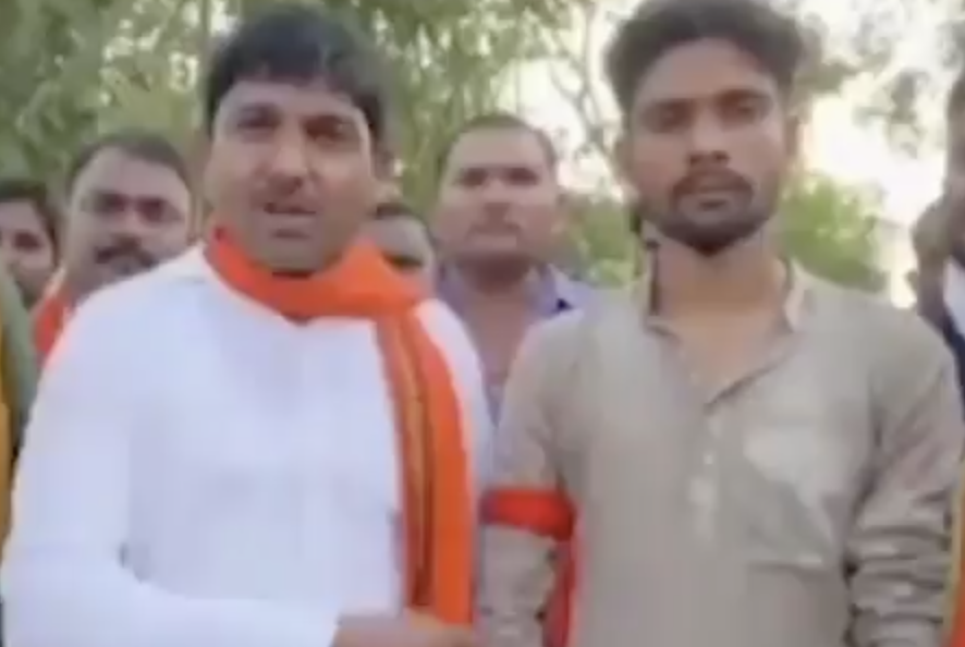 Bajrang Dal members protest against a local madarsa in Kaushambi