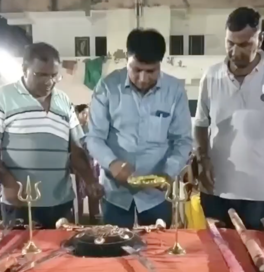 In Ranip, Hindu groups hold Shastra Puja with swords and weapons on display