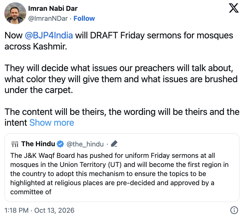 ‘BJP Will Draft Friday Sermons’: J&K Waqf Board’s Common Sermon Plan Sparks Row Over Religious Autonomy (The Observer Post)
